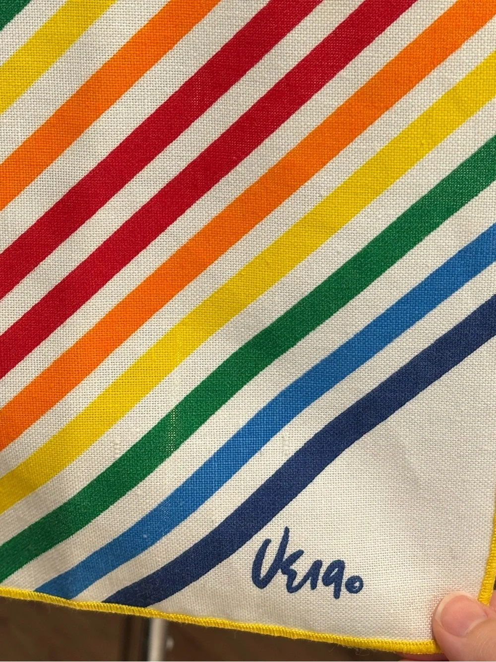 Vintage Vera Neumann linen tea towel, rainbow diamond stripes. 1960s